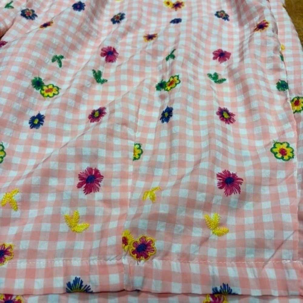 Womens Pink Gingham Floral Embroidered Wide Leg Pajama Pants *M Cottagecore Boho